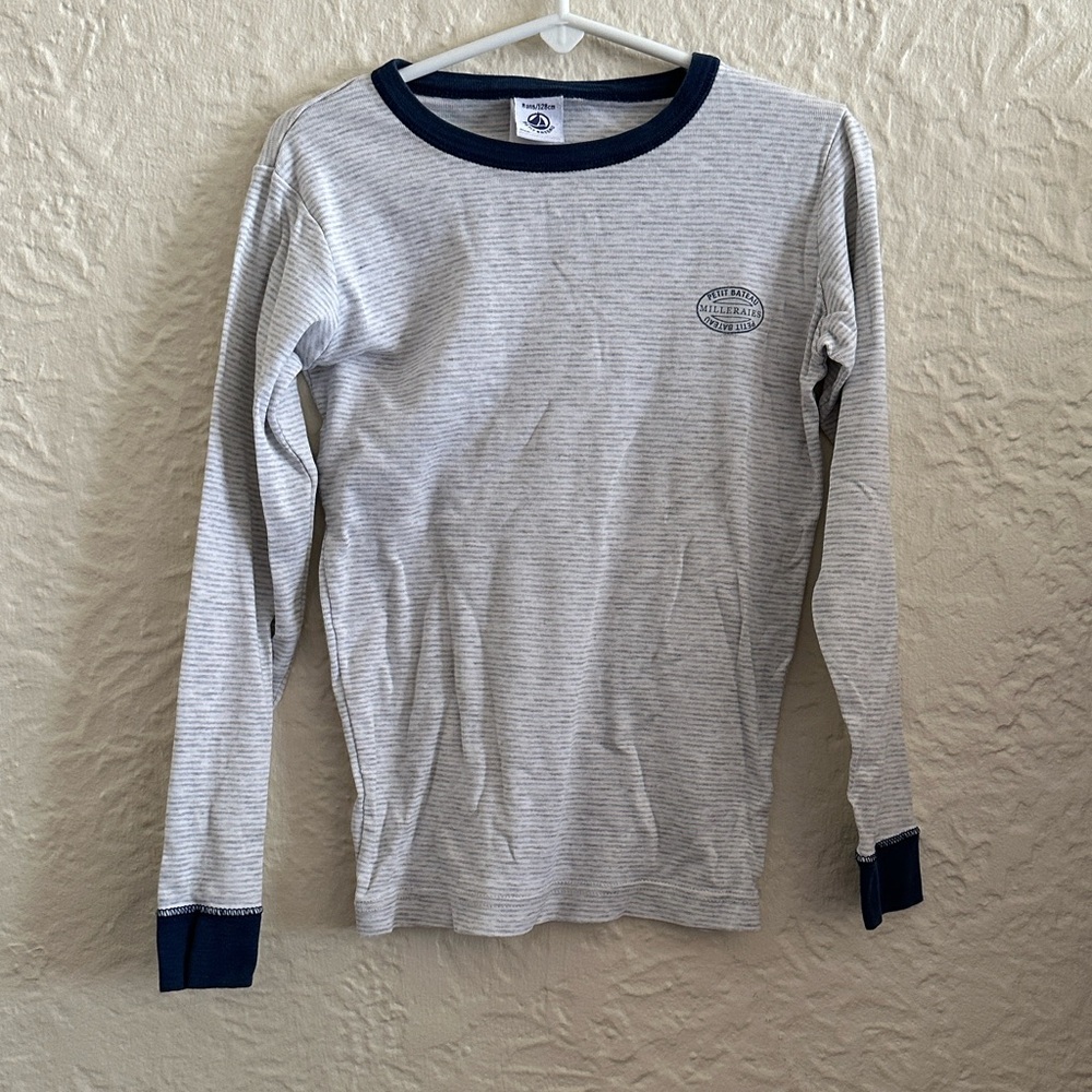 Petit Bateau Light Gray Stripe Blue Trim Long Sleeve Shirt Top 8